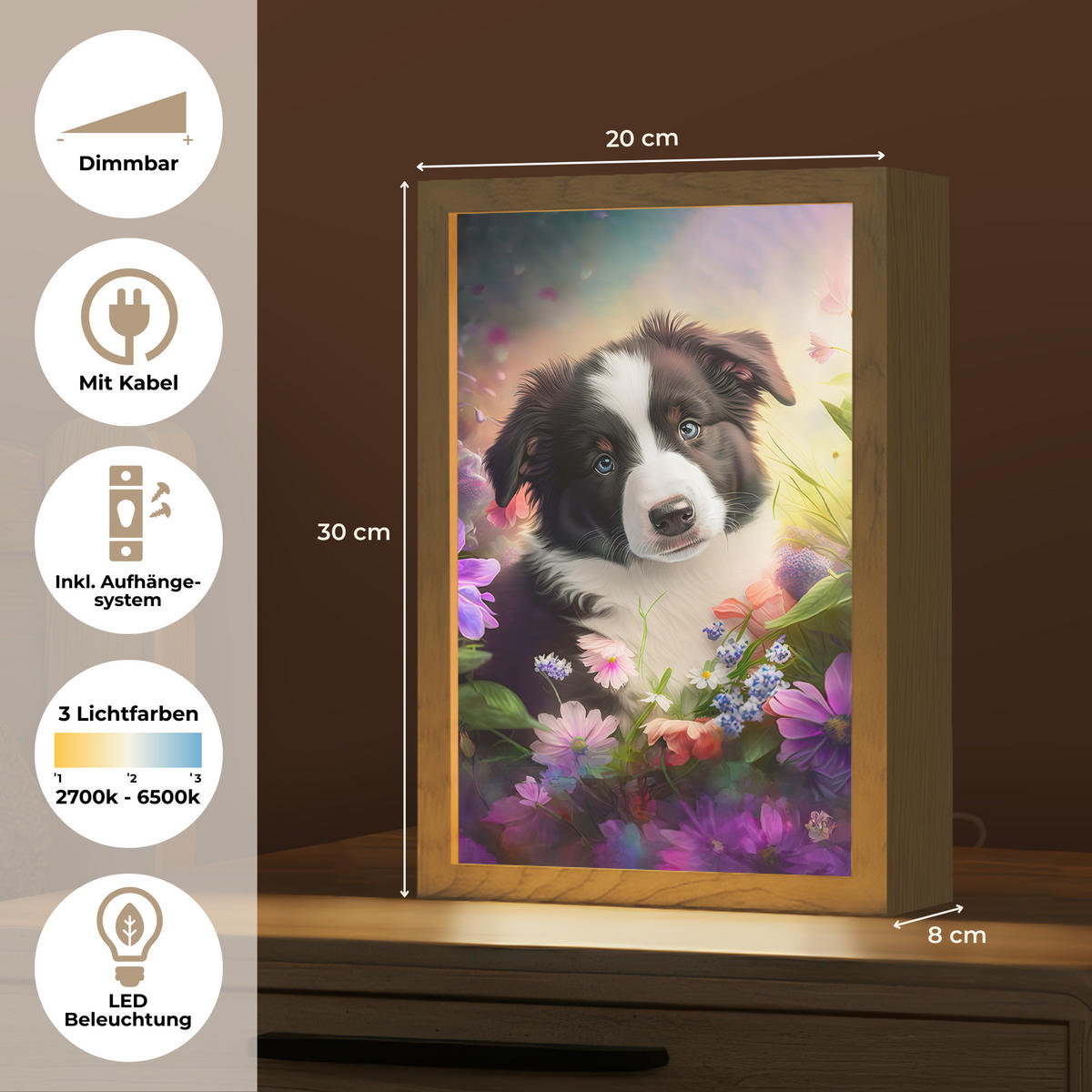 NÁSTĚNNÁ LAMPA Štěně - Slunce - Květiny - Příroda - Border kolie - Pes 20x30 cm - fialová, kompozitní dřevo (20/30/8cm) - OnlyWow