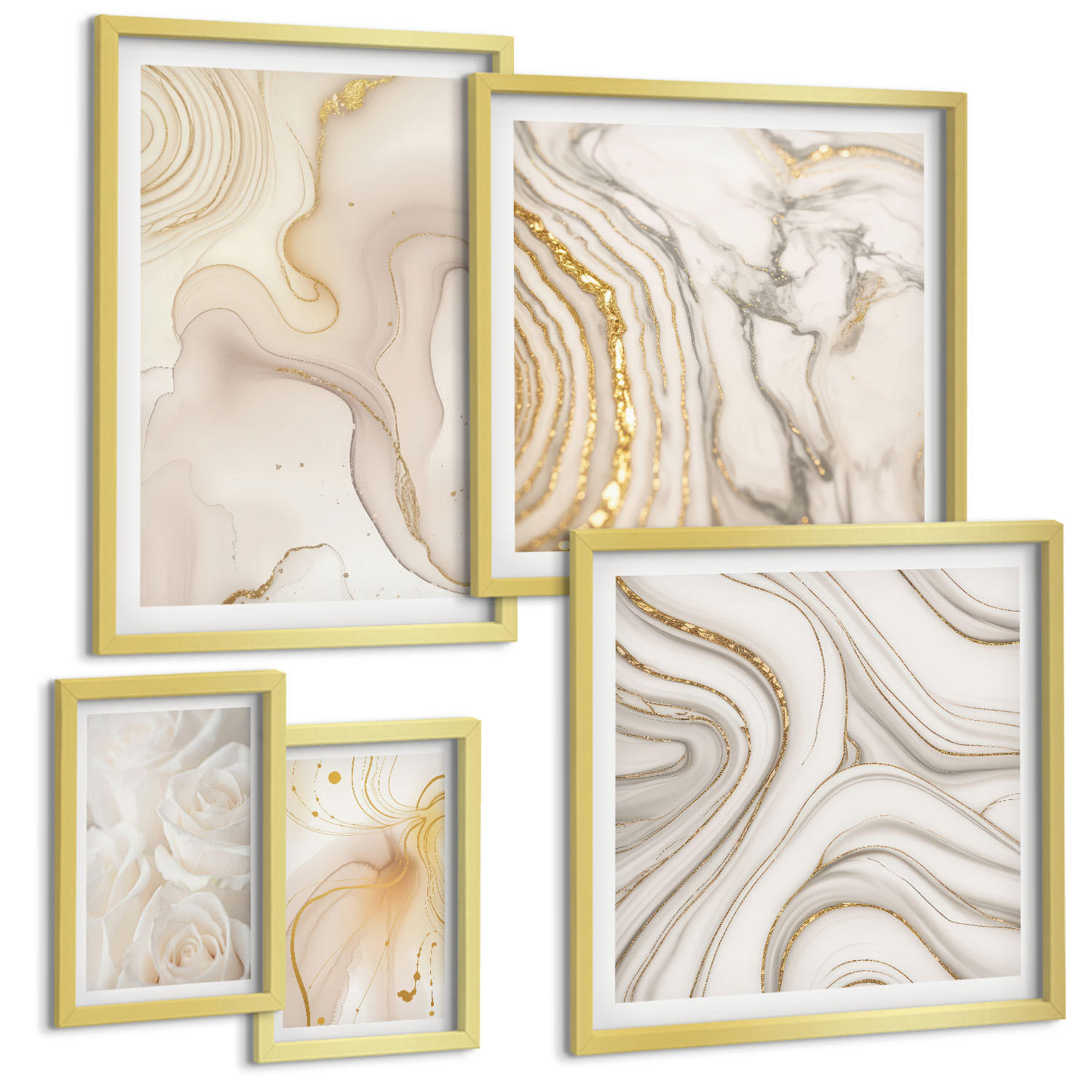 BILDER SET 5er Set - 50x50 cm & 20x30 cm & 40x60 cm Goldrahmen - Landschaften Natur Felder Sonne - Goldfarben, Kunststoff (40/60cm) - TULUP