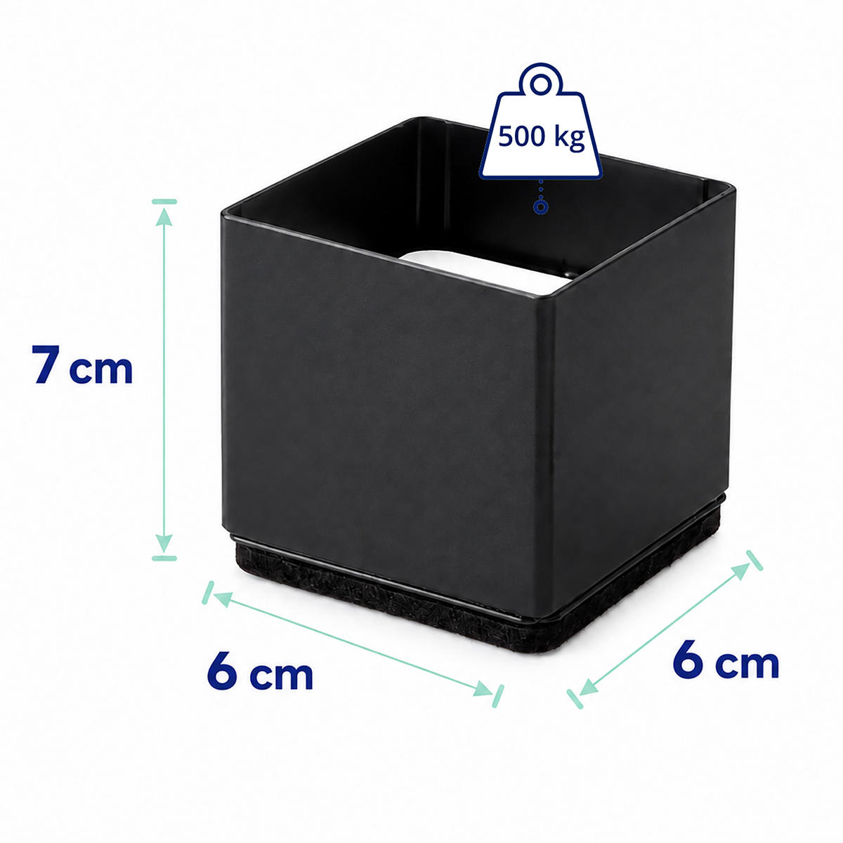 MÖBELERHÖHUNG Stahl selbstklebend Filz 7 cm eckig - Schwarz, Textil/Metall (6/7/6cm) - Relaxdays