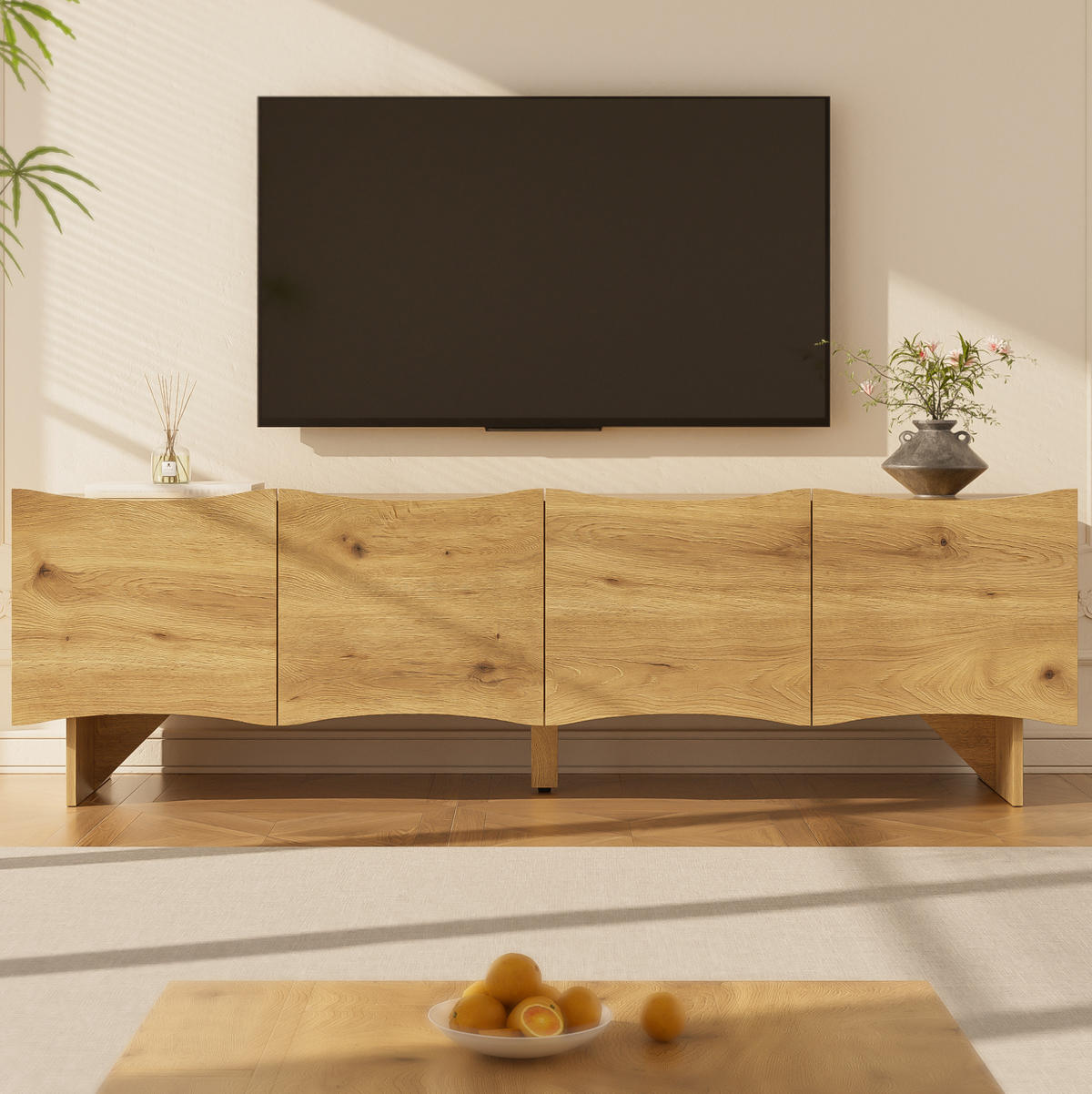 TV stolek 155/36/47 cm s vlnitými dvířky a kabelovými průchodkami, úložný prostor, Natural - barva dubu, kompozitní dřevo (155/47/36cm) - Redom