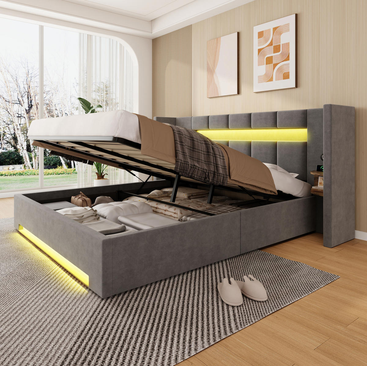 POLSTERBETT 180/200 cm mit USB-Anschlüssen, LED-Beleuchtung, Hydraulik und Stauraum, Dunkelgrau - Dunkelgrau, Textil (180/200cm) - Redom