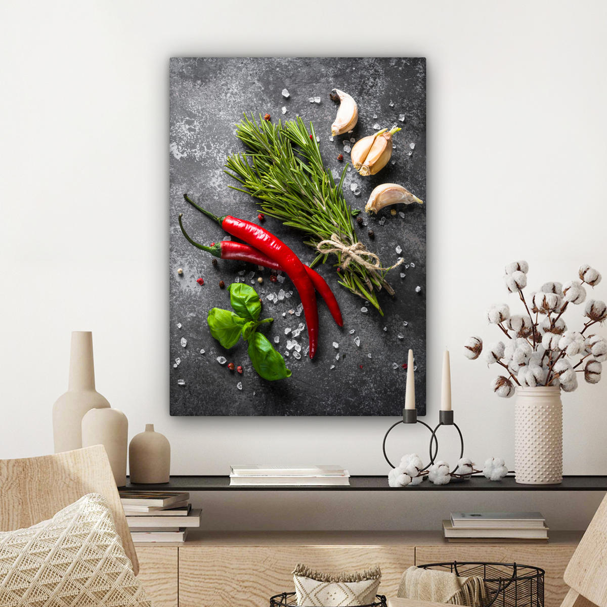 LEINWANDBILD Pfeffer - Kräuter - Gewürze - Beton 60x80 cm - Dunkelgrau, Textil (60/80cm) - MuchoWow