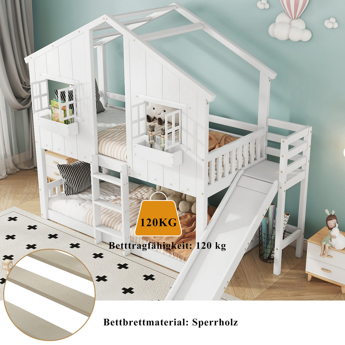 ETAGENBETT 90x200 cm Rutsche Haus weiß - Weiß, Holz (90/200cm) - LEBENLANG
