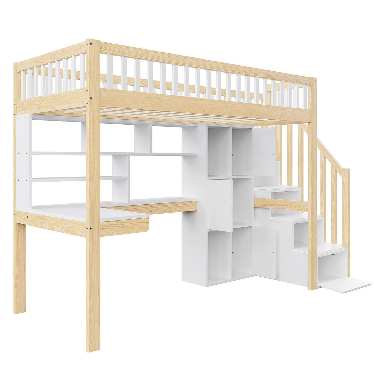 HOCHBETT 90/200 cm aus Kiefer und MDF mit LED, Stauraumleiter und Schreibtisch Weiß/Natur - Naturfarben, Holz (90/200cm) - Modenvie