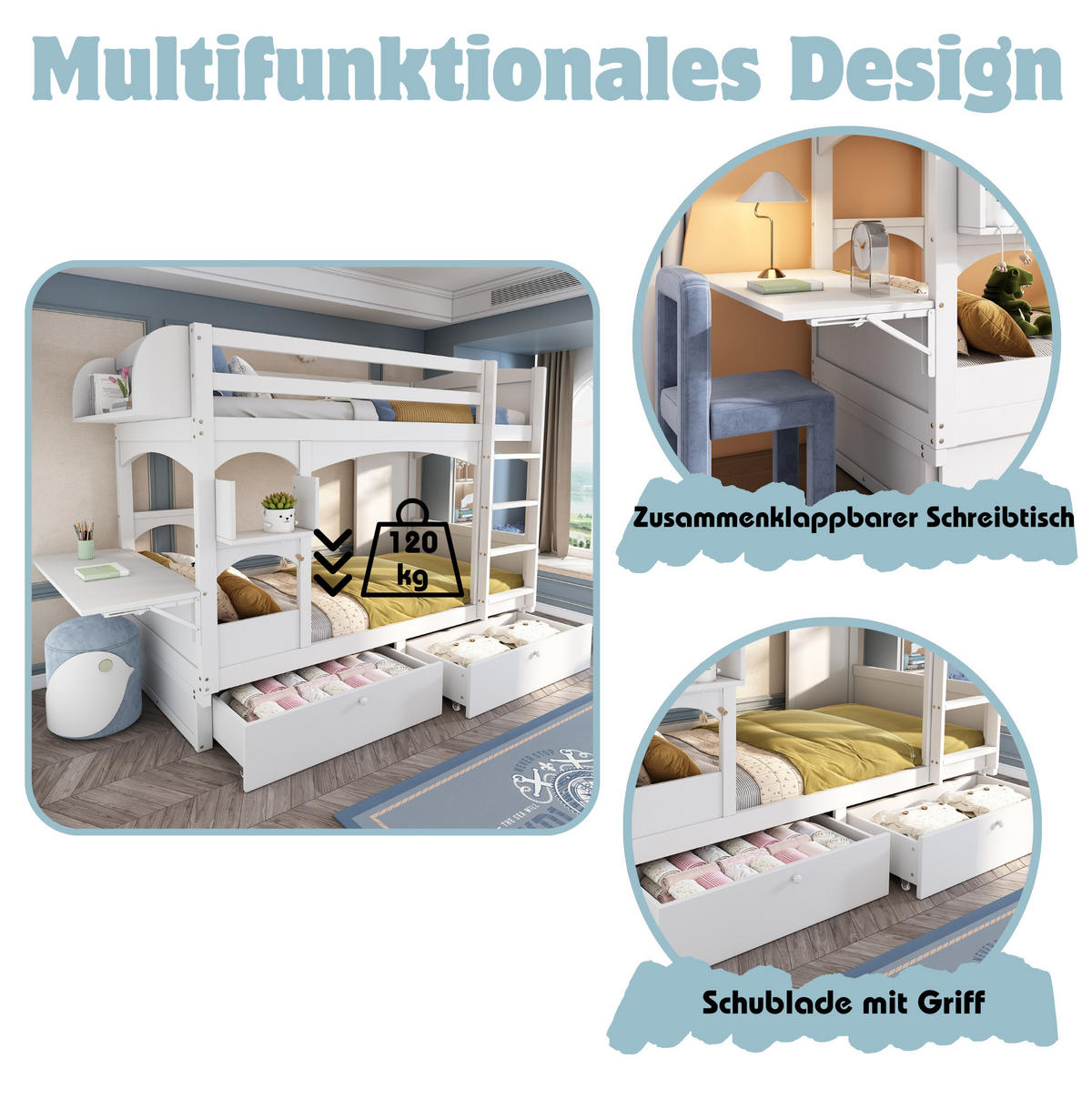 KINDER-ETAGENBETT 90/200 cm mit klappbarem Schreibtisch, Regal und 2 Schubladen aus Massivholz, Weiß - Weiß, Holz (90/200cm) - Redom