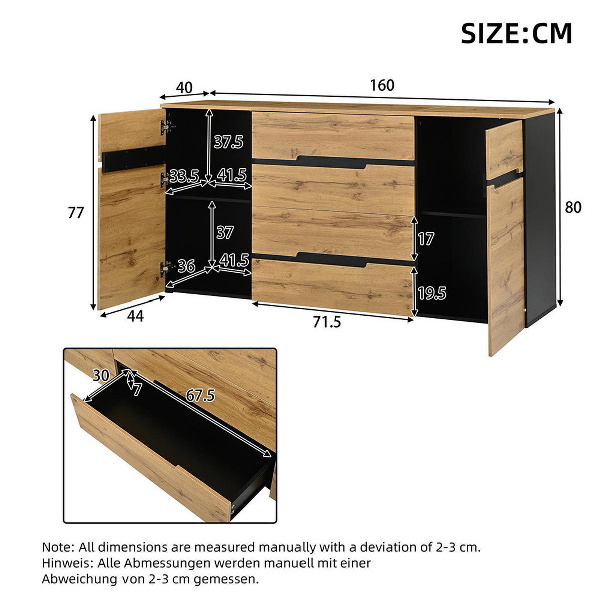KOMMODE 160 x 40 x 80 cm mit 4 Schubladen, Holzfarbe + Schwarz - Naturfarben, Holzwerkstoff (40/80/160cm) - KOMHTOM