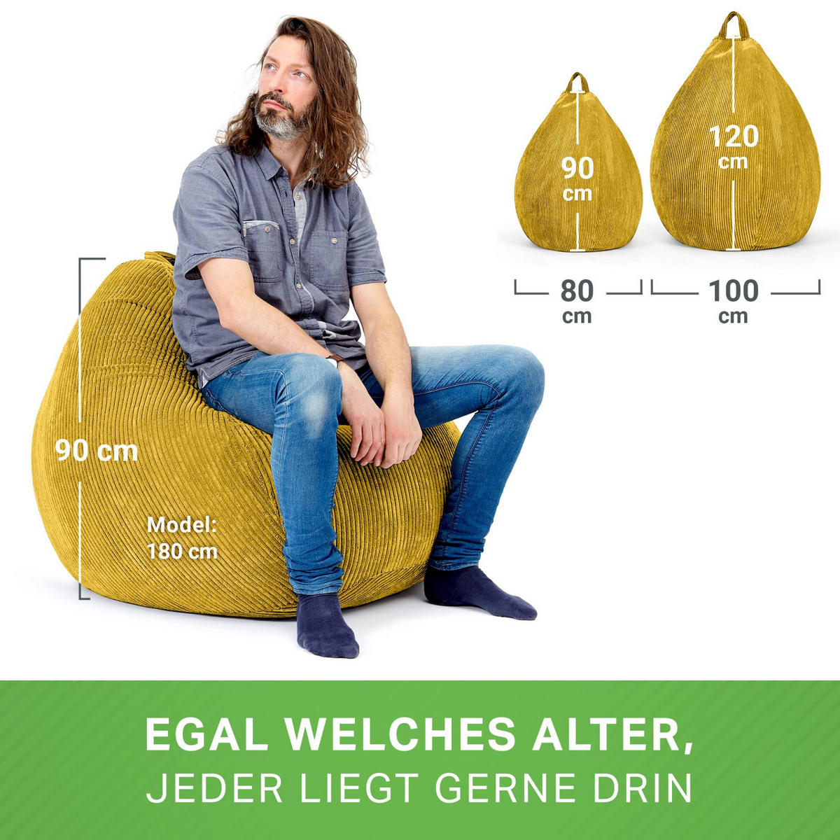 SITZSACK Indoor "Scoop" 90x110cm - Cord - Gelb, Textil (90/110/90cm) - Green Bean