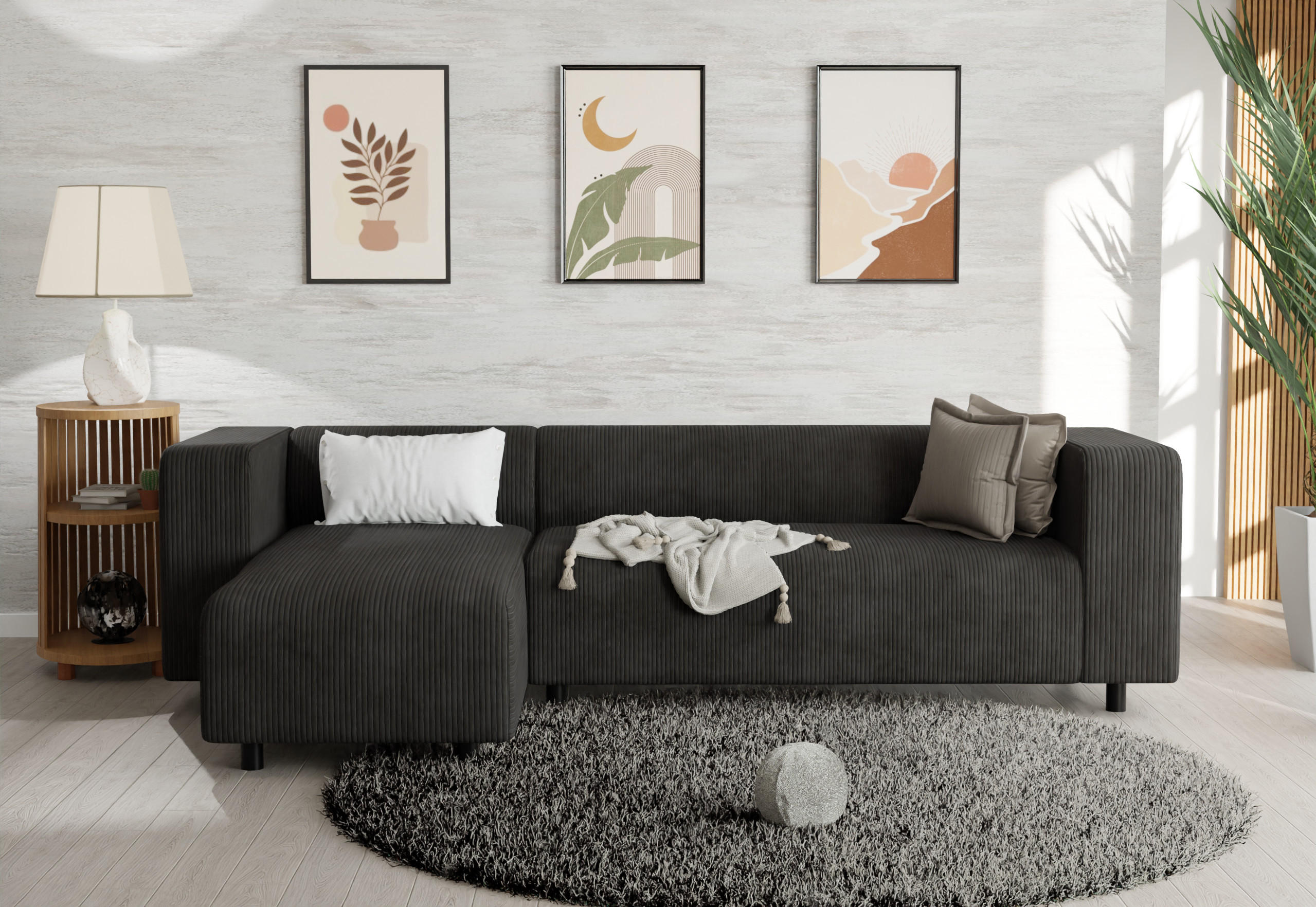 Thumbnail - S-Style Möbel Ecksofa, Schwarz, Textil, Echtholz, Teilmassiv,Buche, Birke, 4-Sitzer, Füllung: Polyetherschaumkern, L-For...