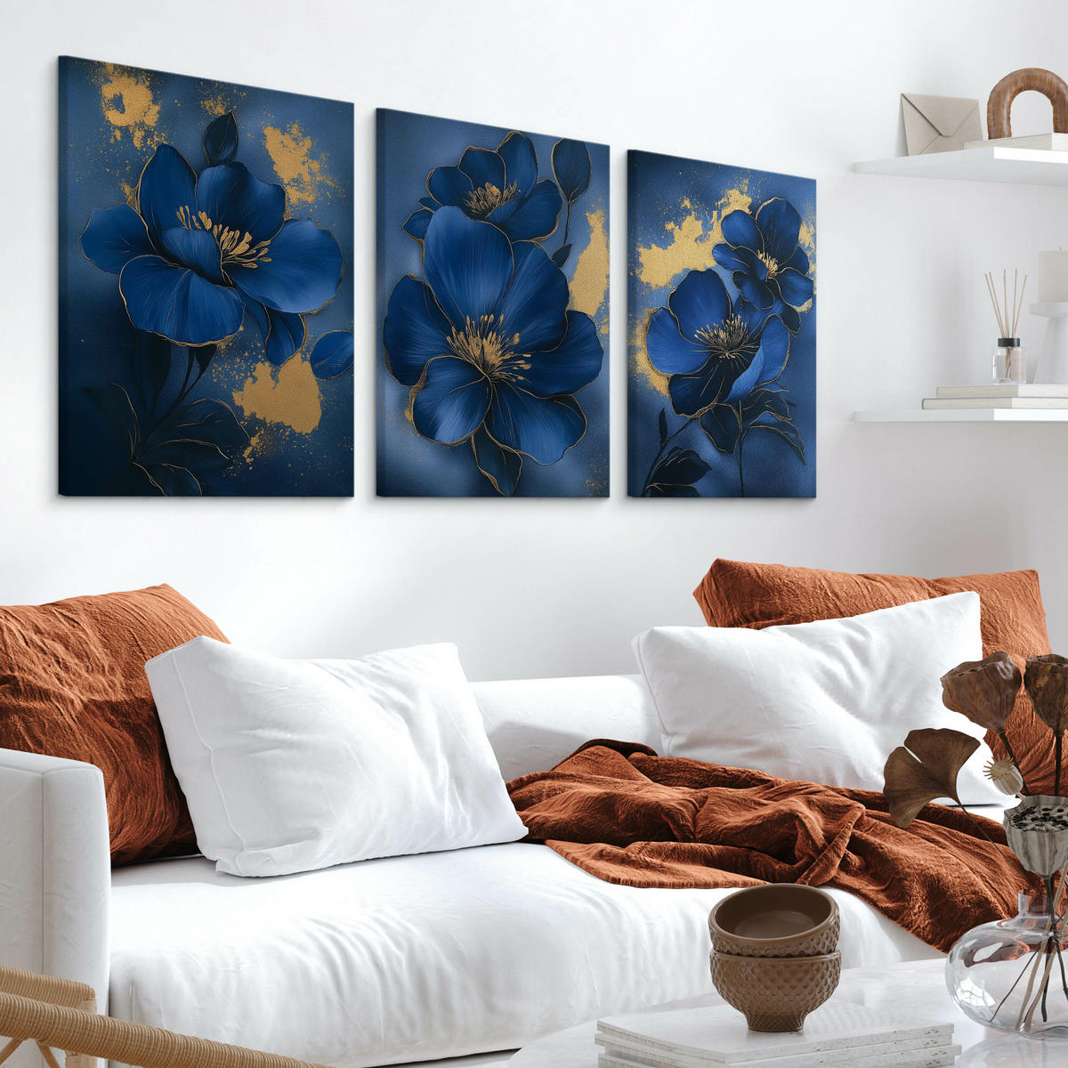 LEINWANDBILDER 3-es Set Glamour Blumen - Blau/Beige, Textil (90/40cm) - Muralo
