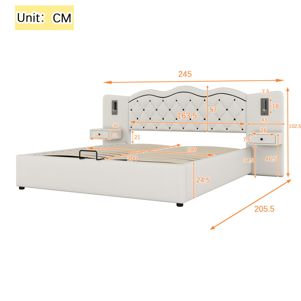 POLSTERBETT aus Leinenimitat 180x200 cm in Beige mit USB & Stauraum - Beige, Textil (180/200cm) - Modfu