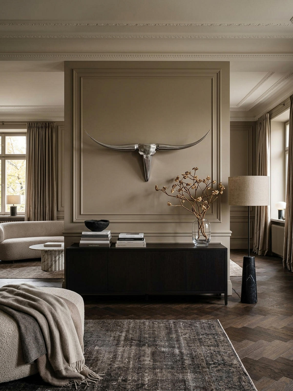 WANDDEKO Bull Geweih aus Aluminium 125 cm Breite, Silber 100x5x35 cm - Silberfarben, Metall (100/35/5cm) - KADIMA DESIGN