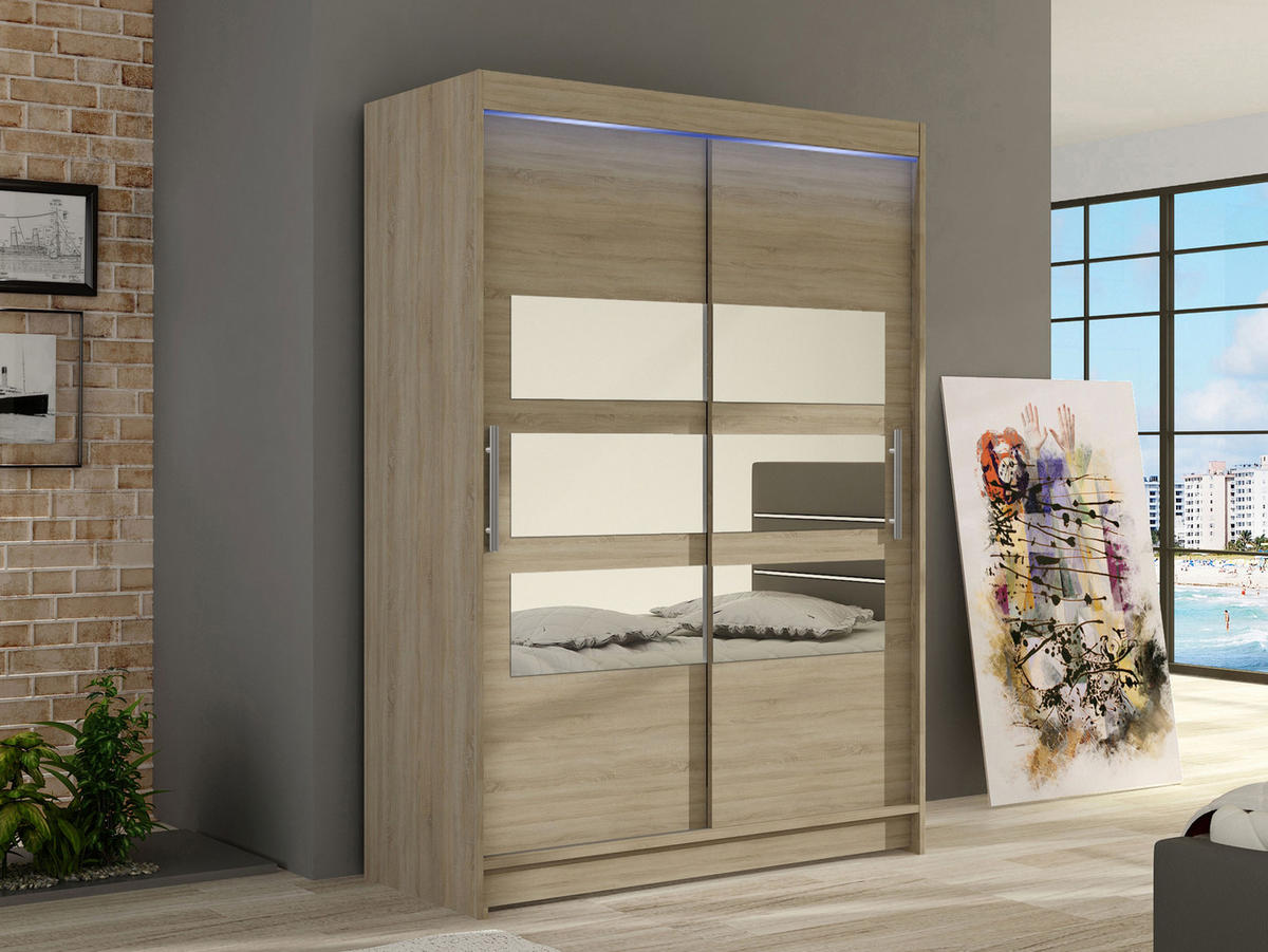 KLEIDERSCHRANK Miami V, mit RGB LED Beleuchtung - Silberfarben/Sonoma Eiche, Holzwerkstoff/Kunststoff (120/200/58cm) - MIRJAN24