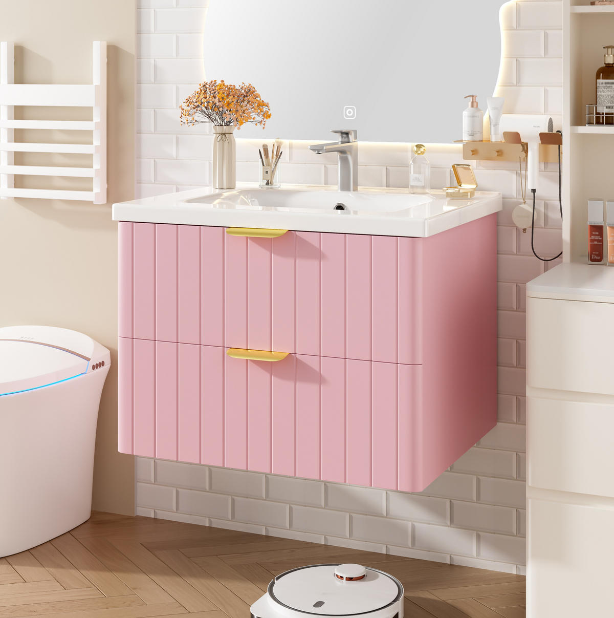 WANDMONTIERTER Waschtisch mit Keramikbecken 60.5x47.5x47cm Rosa-Weiß,2 Ebenen - Rosa, Holzwerkstoff (60.5/47/47.5cm) - Modfu