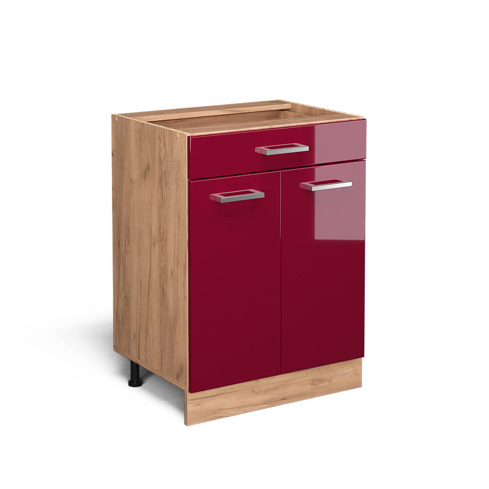 KÜCHENUNTERSCHRANK R-Line Rot Hochglanz 60 cm mit Schublade, ohne Arbeitsplatte - Honigeiche/Bordeaux, Holzwerkstoff (60/81.6/46cm) - Vicco