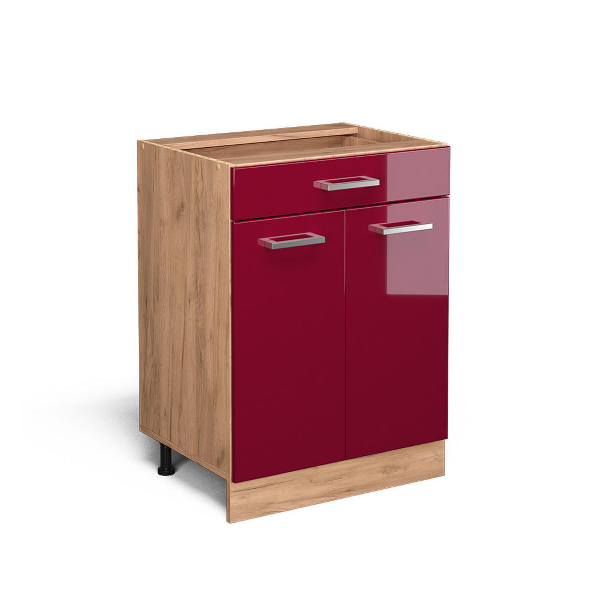 KÜCHENUNTERSCHRANK R-Line Rot Hochglanz 60 cm mit Schublade, ohne Arbeitsplatte - Honigeiche/Bordeaux, Holzwerkstoff (60/81.6/46cm) - Vicco