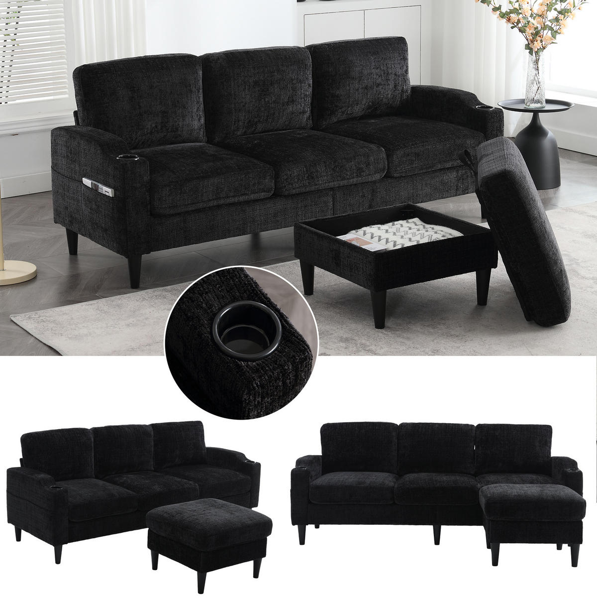 SOFA 4-Sitzer mit Hocker ca. 196,5 x 75 x 77 cm Chenille Black - Schwarz, Kunststoff (196.5/77/75cm) - Meubliv