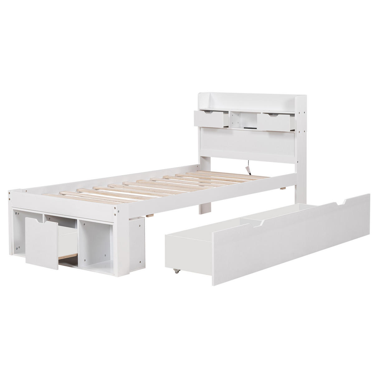 KINDERBETT 90/190 cm mit USB-Anschluss, Steckdosen und viel Stauraum aus MDF, Weiß - Weiß, Holzwerkstoff (90/190cm) - Redom