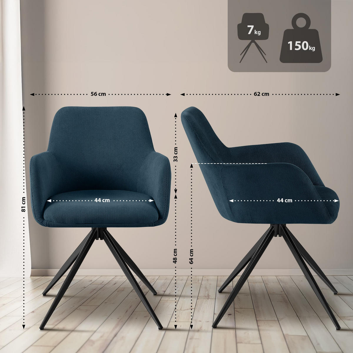 ESSZIMMERSTUHL Cord Blau - Blau/Schwarz, Textil/Metall (56/81/62cm) - CLP