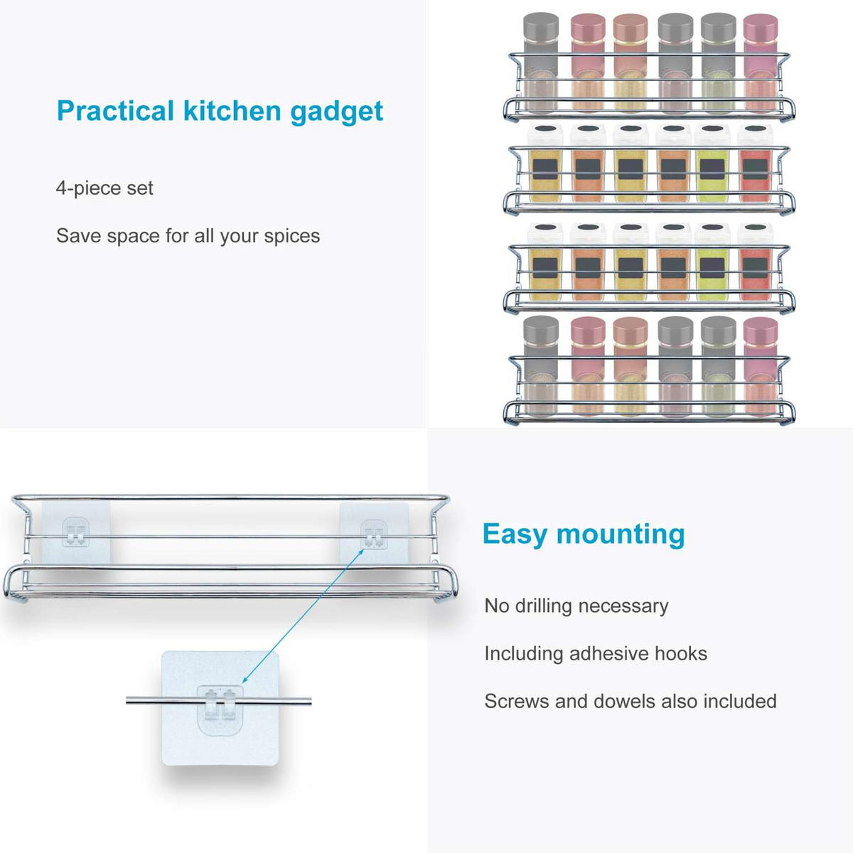 GEWÜRZREGAL-Set mit selbstklebenden Haken - Silberfarben, Metall (6.2/6.8/29.2cm) - Intirilife