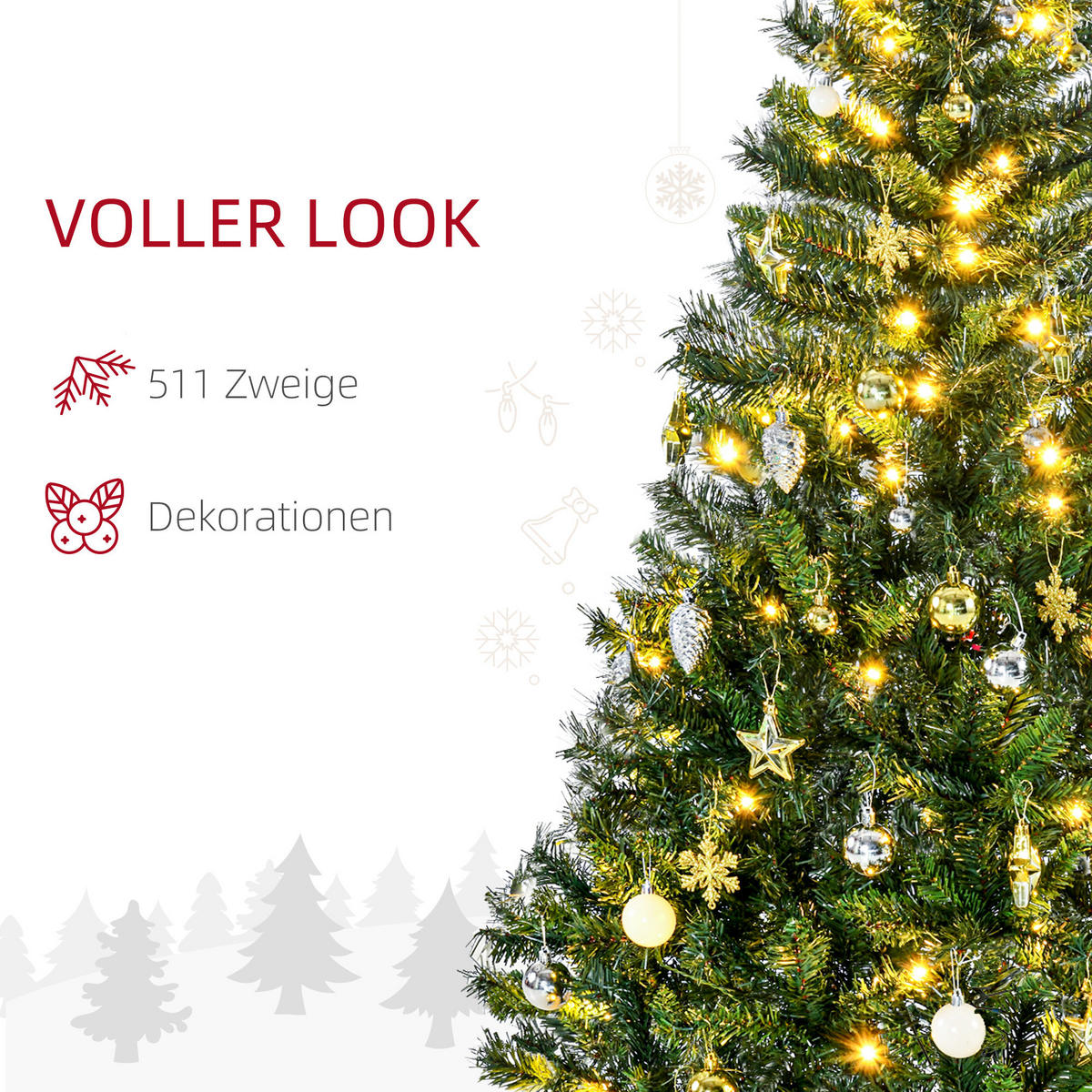 WEIHNACHTSBAUM Tannenbaum mit Deko 120 LEDs 511 Spitzen Ø95 x 150H cm - Grün, Kunststoff (150cm) - HOMCOM