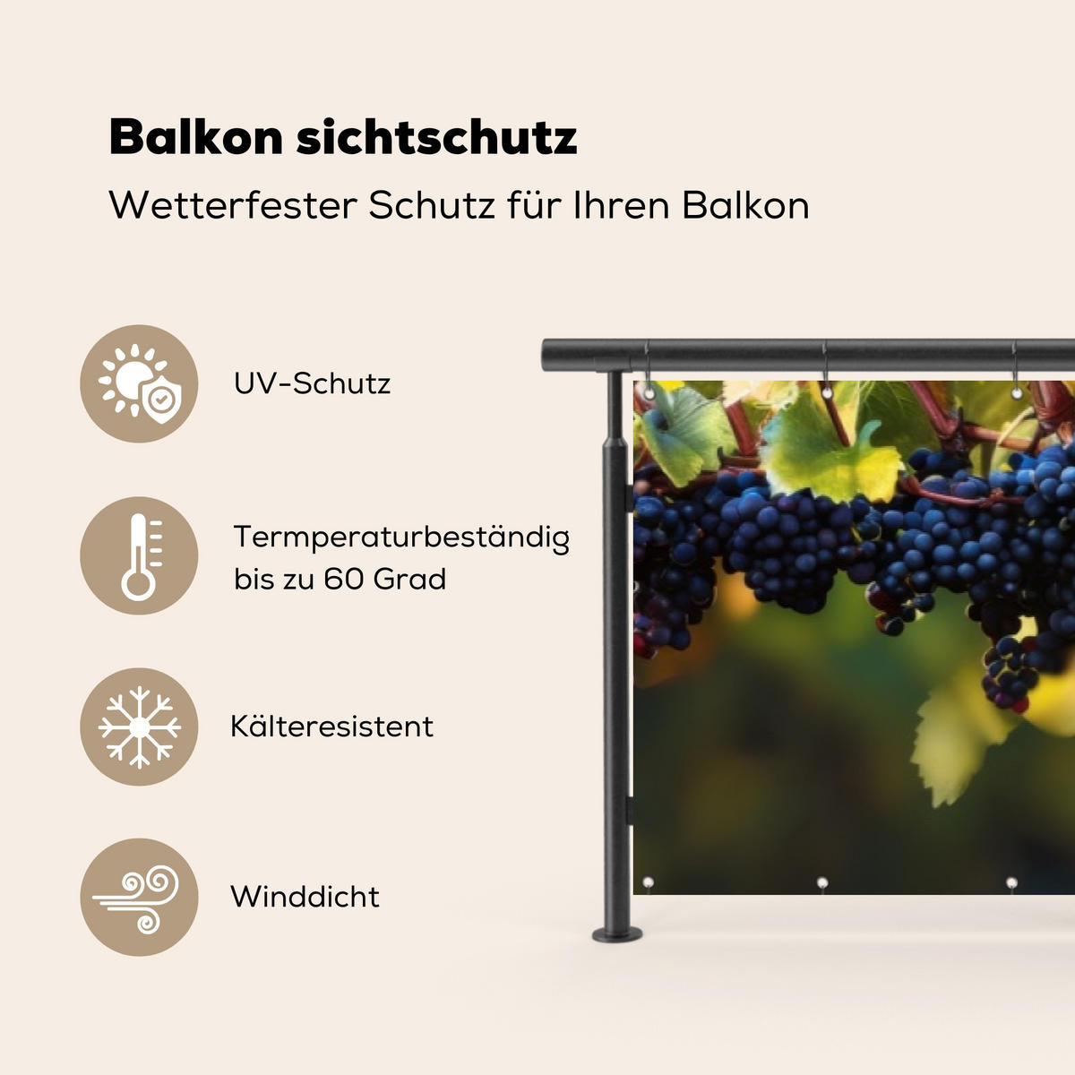 BALKON-SICHTSCHUTZ Trauben - Wein - Natur - Grün - Weinrot, Kunststoff (500/110cm) - MuchoWow