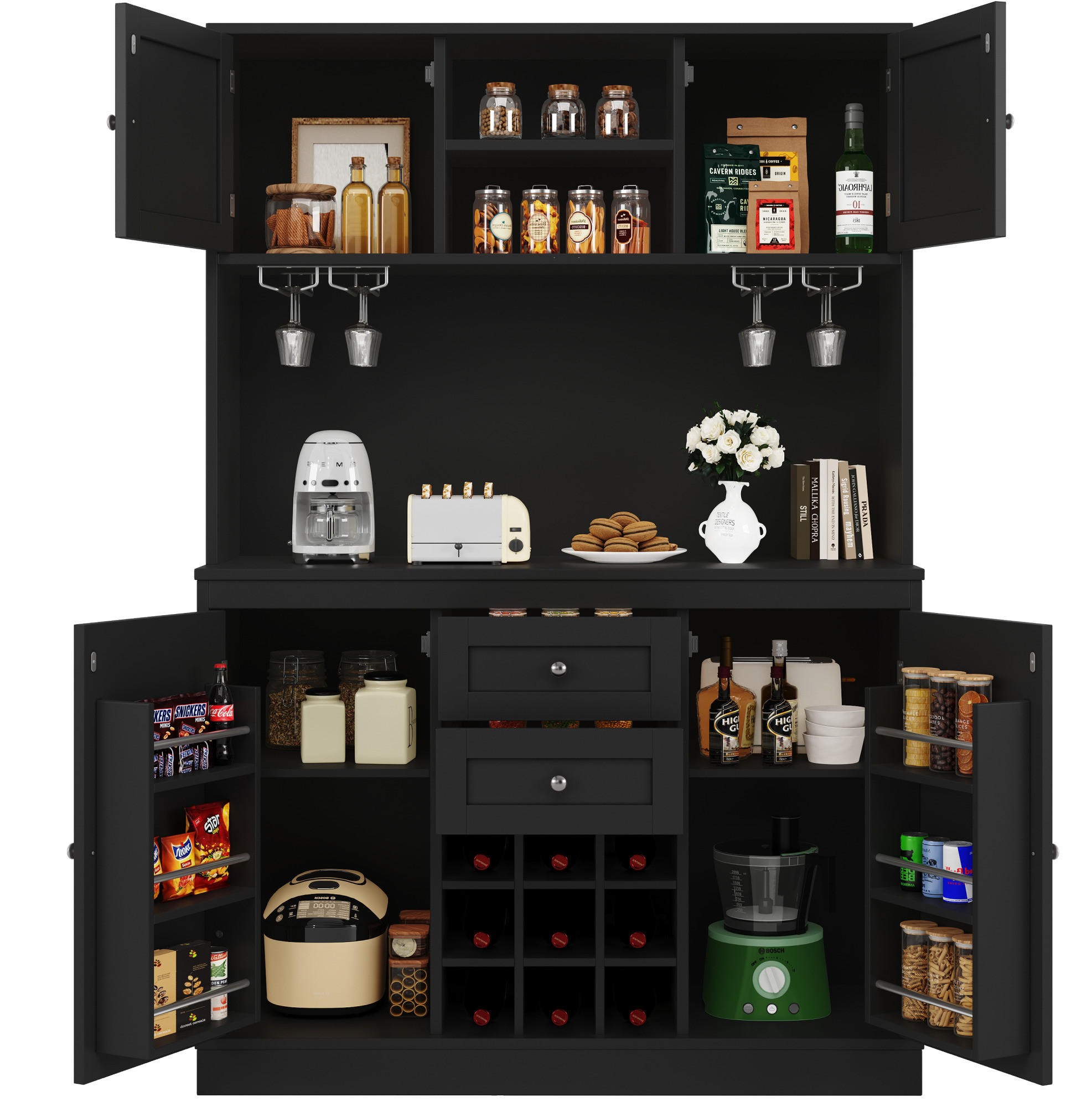 BUFFET 120/40/188 cm aus MDF mit Weinregal und verstellbaren Einlegeböden Schwarz - Schwarz, Holzwerkstoff (120/188/40cm) - Modenvie