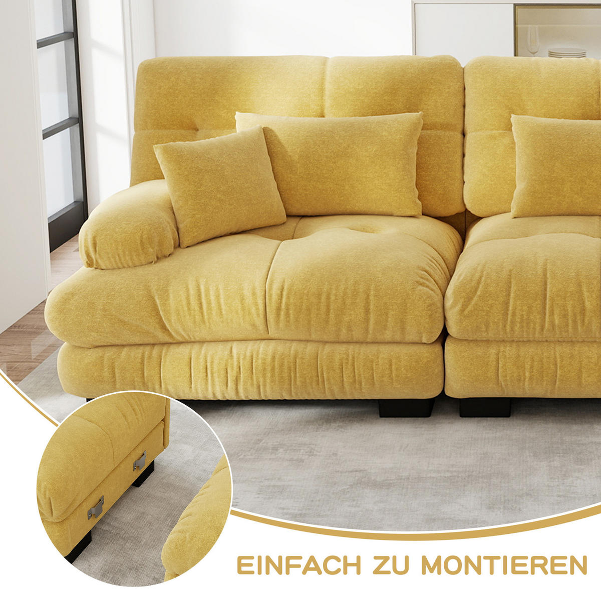ROHOVÁ sedačka s taburetmi 313/145/81 cm v žltom ženilkovom poťahu - žltá, textil (145/313cm) - Flora Grace
