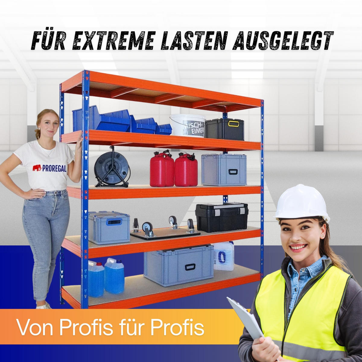 SCHWERLASTREGAL Rhino 200x200x60 cm 5 Spanplatten-Ebenen 8mm Fachlast 500 kg Blau/Orange - Blau/Orange, Metall (200/200/60cm) - PROREGAL
