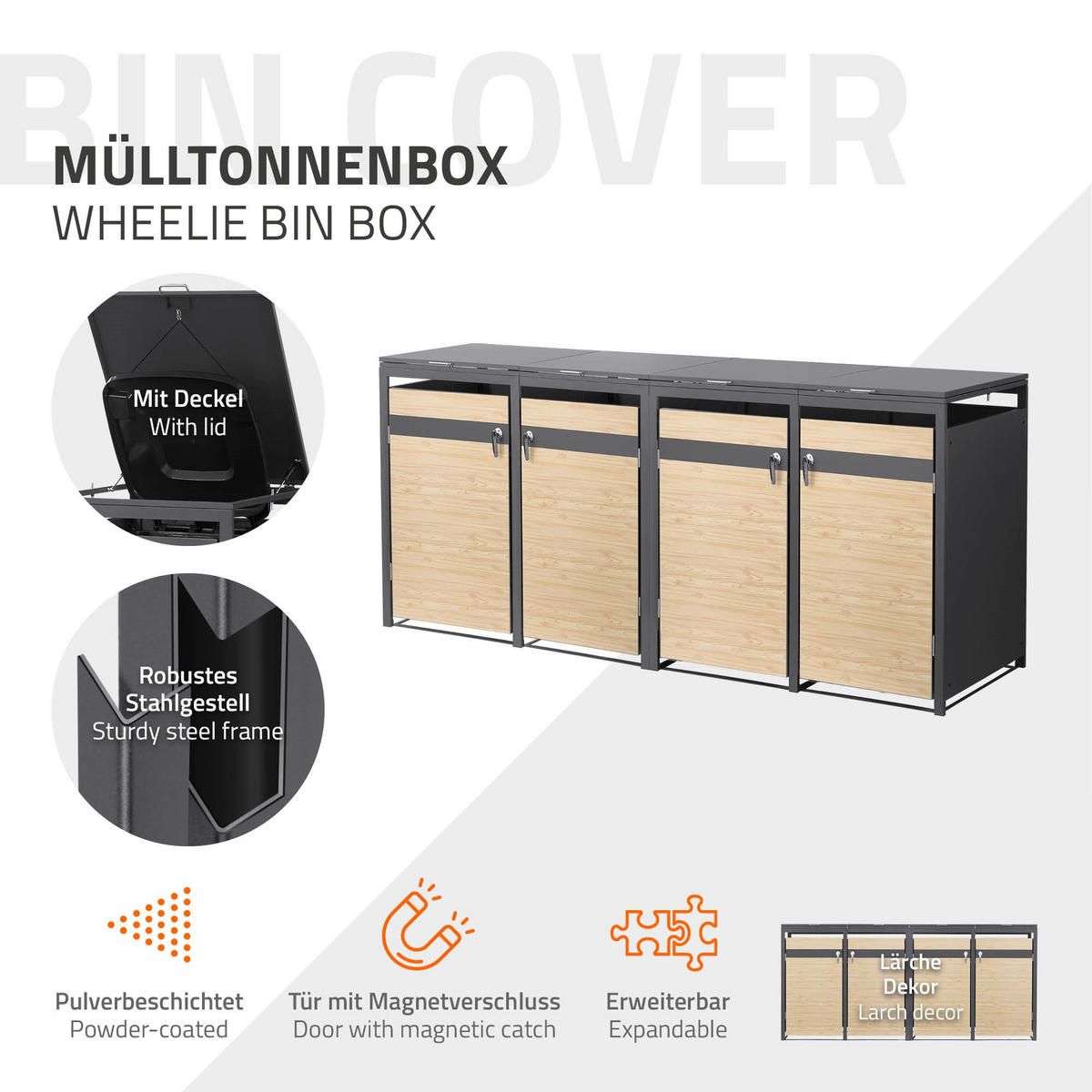 MÜLLTONNENBOX 4er Anthrazit-Lärchenoptik - Hellbraun, Metall (264/120/80cm) - ML-DESIGN