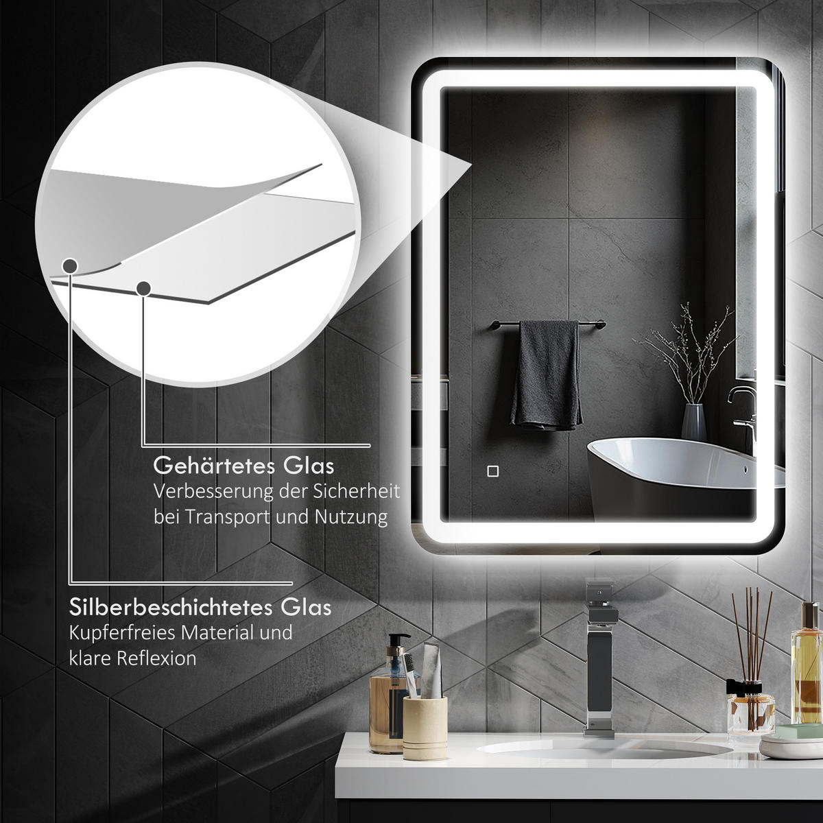 BADSPIEGEL, 60 x 80 cm LED Badezimmerspiegel mit 3 Lichtfarben, Touch-Schalter - Silberfarben, Glas (60/4/80cm) - HOMCOM