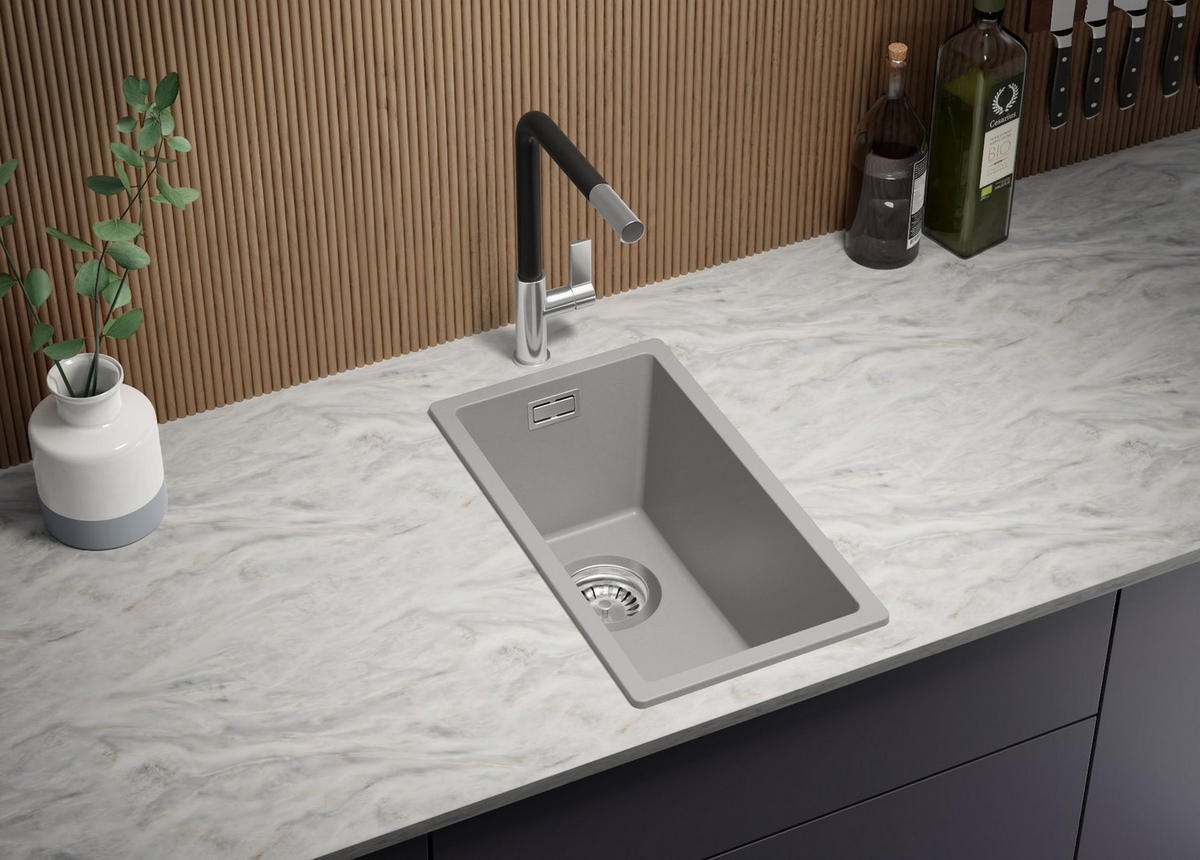 SPÜLBECKEN London Slim, 2-er set Grau 26/47 cm 1 Becken + Ablauf-Set ab 30er Unterschrank - Chromfarben/Grau, Kunststoff (26/20/47cm) - Primagran