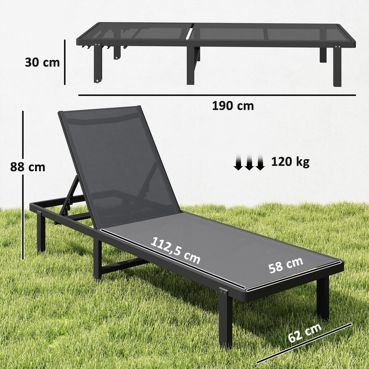 SONNENLIEGE DE-15696 mit Rollen Dunkelgrau - Dunkelgrau, Metall (62/88/190cm) - ComfortXL