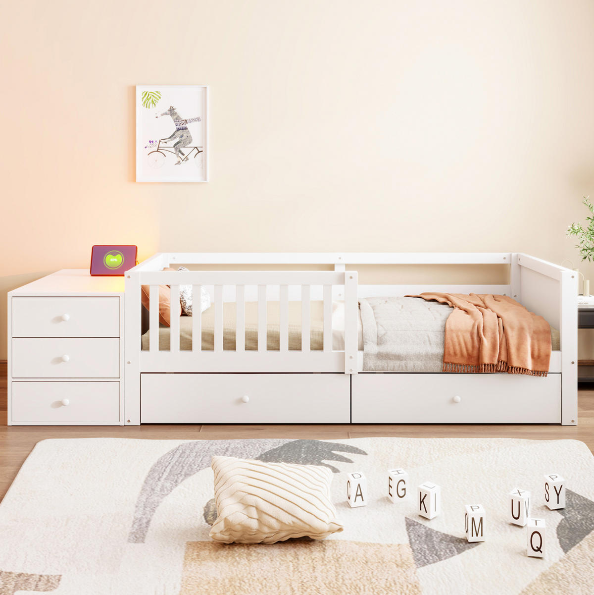 BETT 90/200 cm in Weiß mit Stauraum, LED-Beleuchtung und Steckdose - Weiß, Holz (90/200cm) - Flora Grace