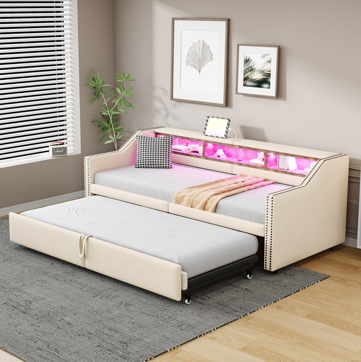 ČALÚNENÁ posteľ 90/180 x 200 cm s výsuvným lôžkom, úložnými priehradkami, LED osvetlením a USB portom, Béžová - béžová, textil (102/74/214cm) - Redom