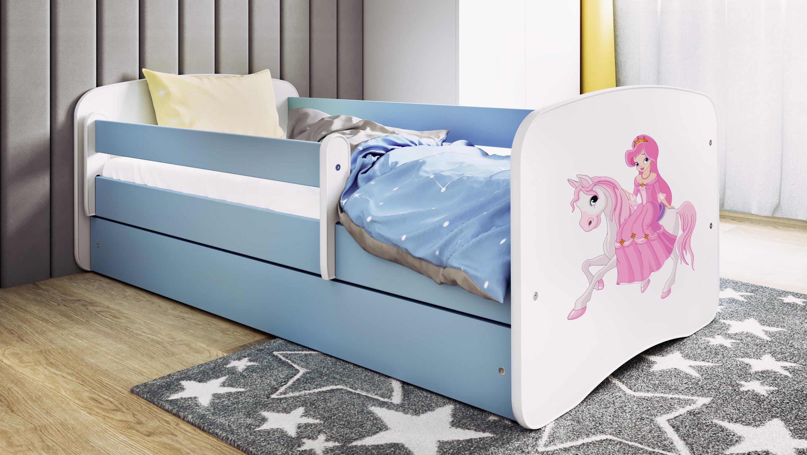 KINDERBETT Prinzessin zu Pferd mit Schublade 140/70 80/61/144 - Blau, Holzwerkstoff (80/140cm) - RAUMHIRSCH FURNITURE