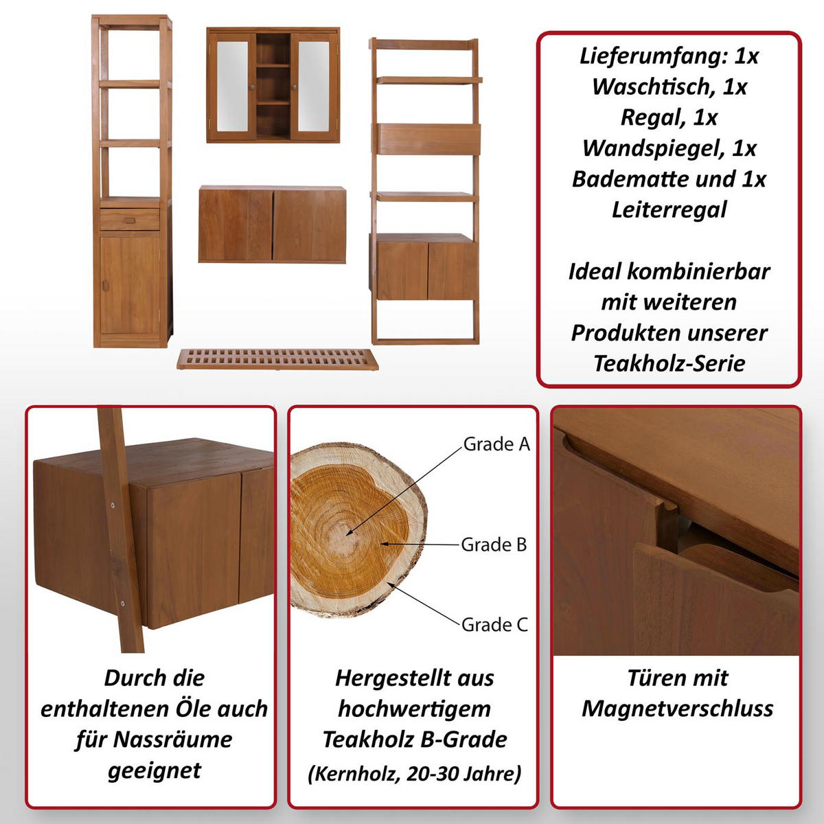 BADEZIMMER-SET Braun 5er-Set - Braun, Holz (180/180/140cm) - MCW