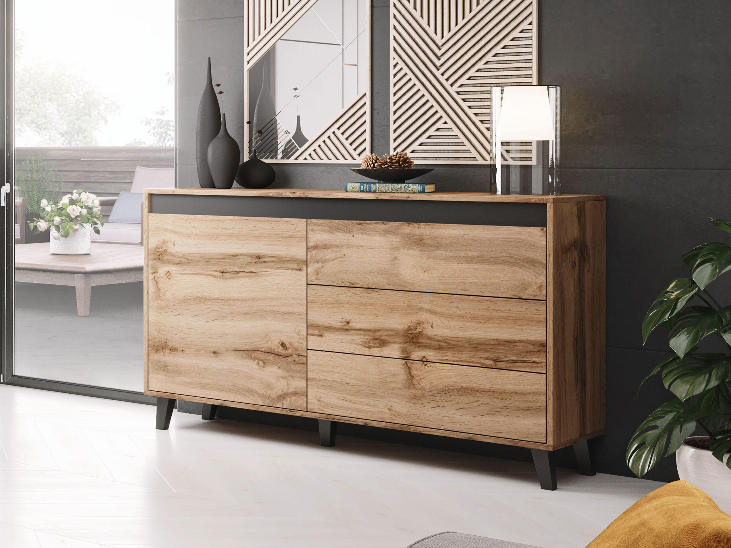 KOMMODE Nord - Eiche Wotan/Schwarz, Holzwerkstoff/Kunststoff (138/83/38cm) - MIRJAN24