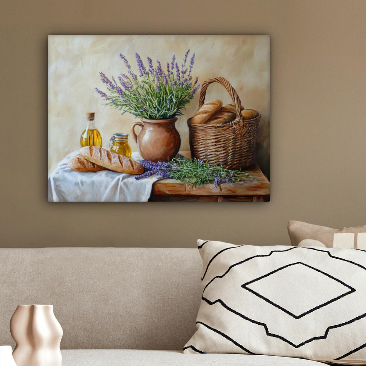 LEINWANDBILD Lavendel - Brot - Stilleben 40x30 cm - Flieder, Textil (40/30cm) - MuchoWow