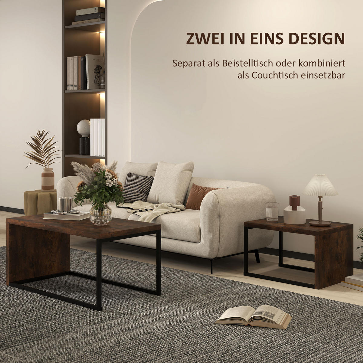 COUCHTISCH 2er-Set, verschiedene Formen, Schwarz+Braun - Braun, Metall (48/90/42cm) - HOMCOM