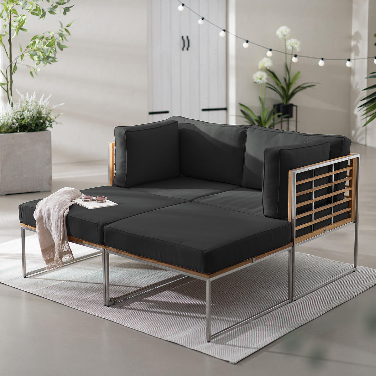 LOUNGESET - 4-teilig - Webstoff / Teak massiv - Anthrazit, Holz/Textil - home24