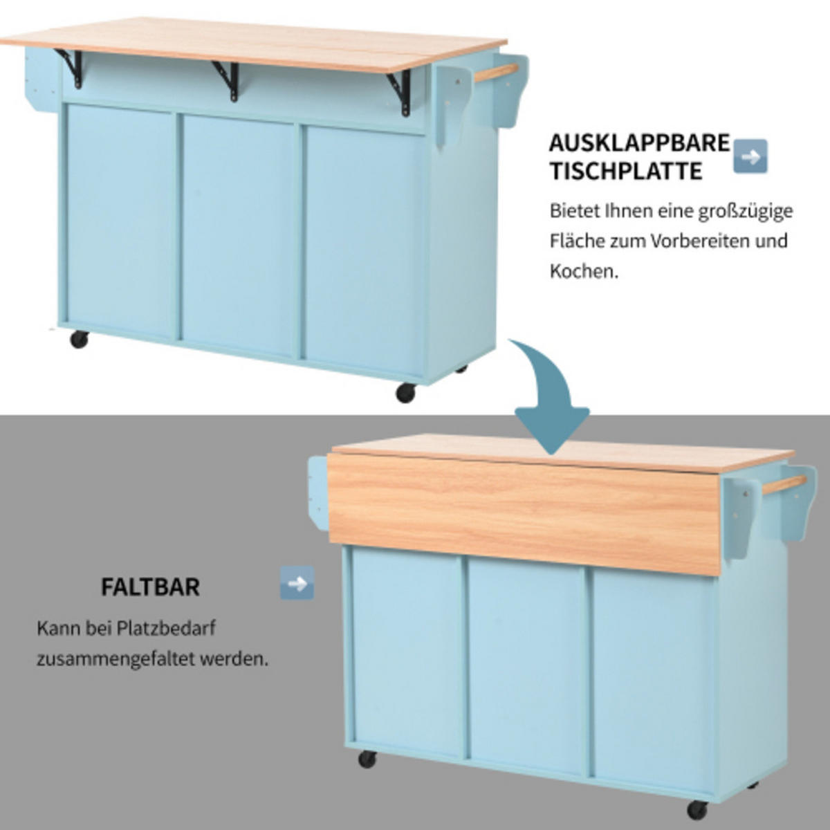 KÜCHENINSEL Blau aus MDF mit klappbarer Erweiterungsplatte 139 × 46 × 91,5 cm - Blau, Holzwerkstoff (139/91.5/71cm) - Luhomfu