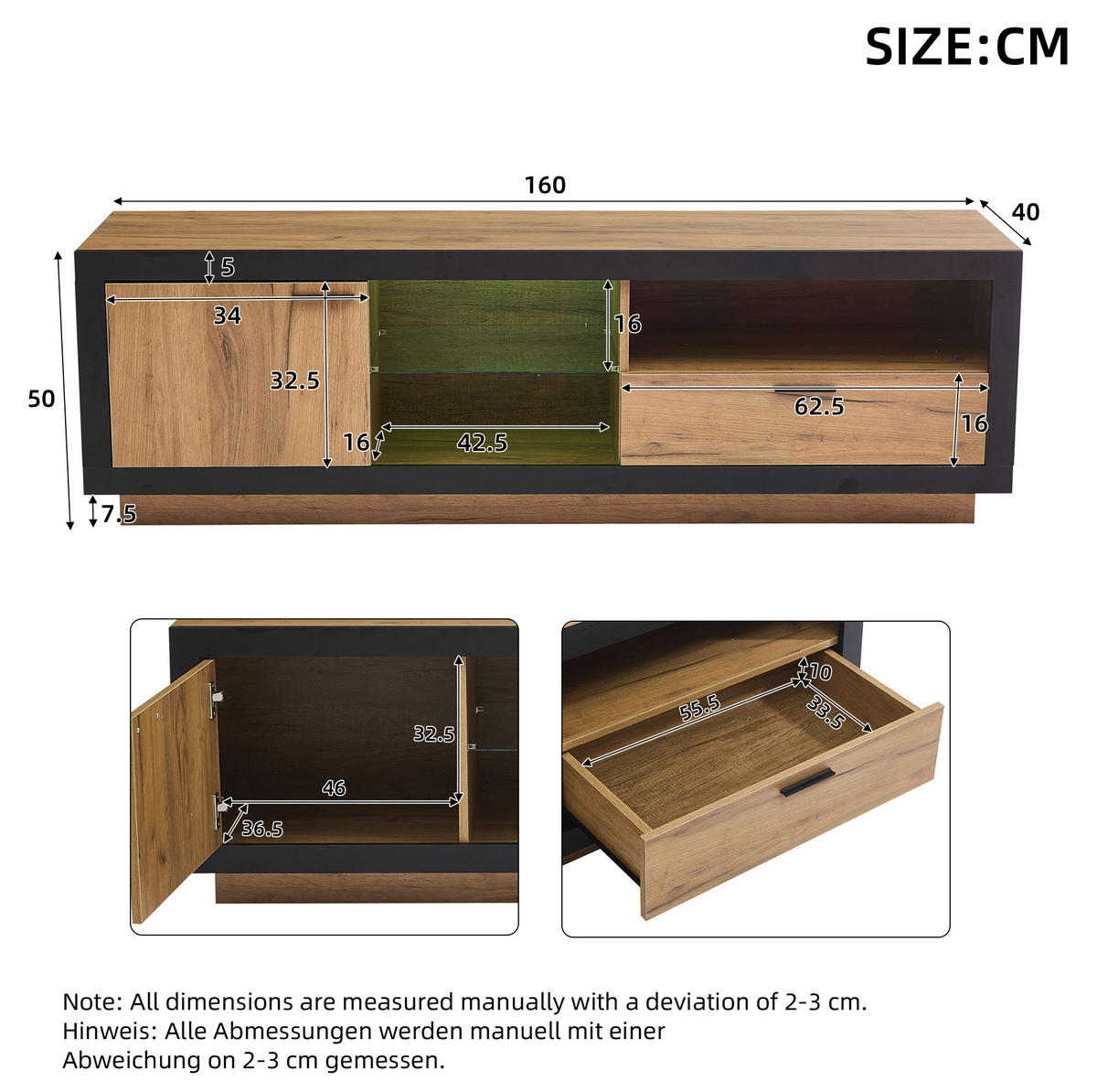 TV stolek 160/40/50 cm černá/dub z dřevotřísky s tvrzeným sklem a LED osvětlením - barva dubu, kompozitní dřevo (160/50/40cm) - OKWISH