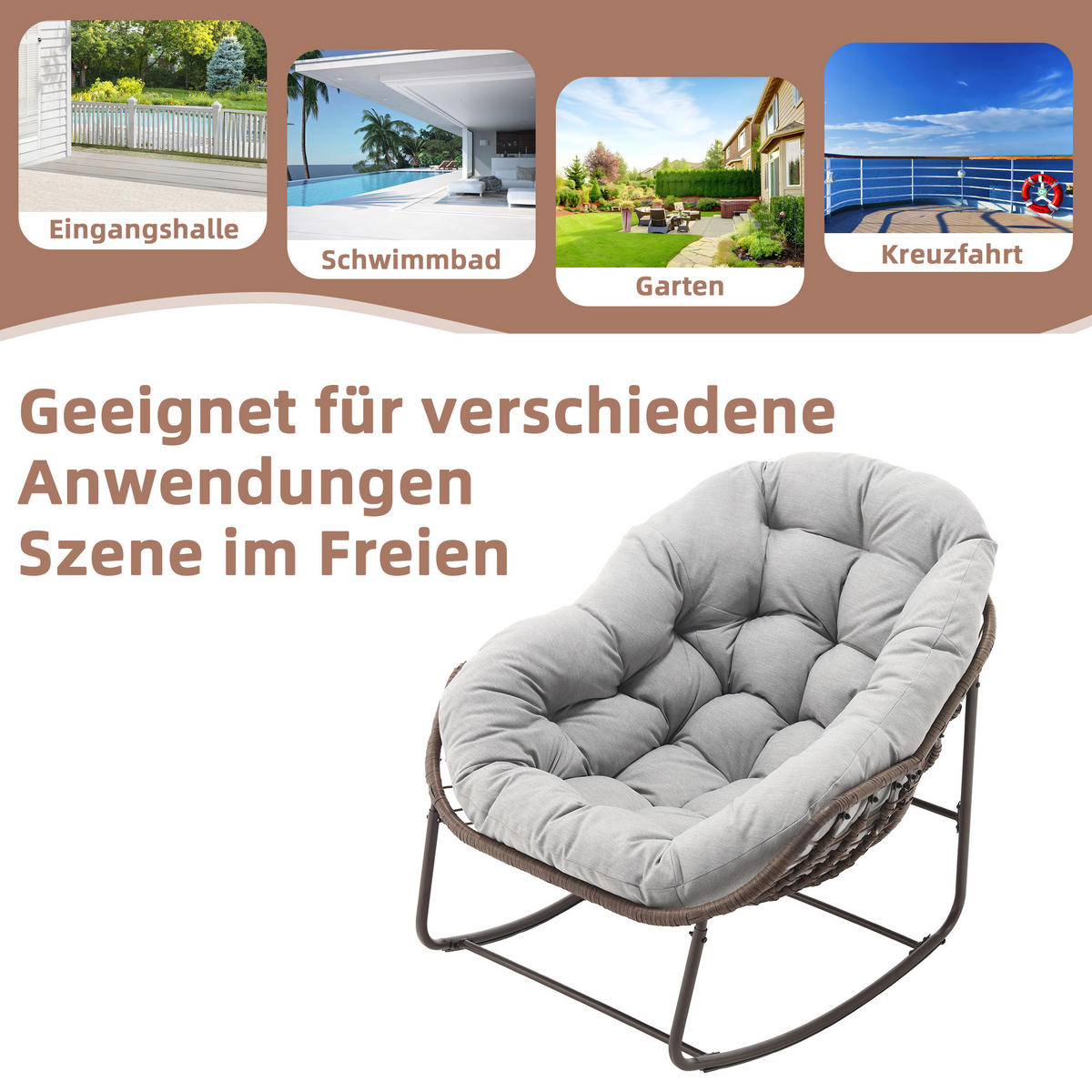 SCHAUKELSTUHL Schaukelsessel Garten,Rattanstuhl mit Stahlrahmen,Grau-Polyester - Hellgrau, Metall (94.5/80/111cm) - LVHOM