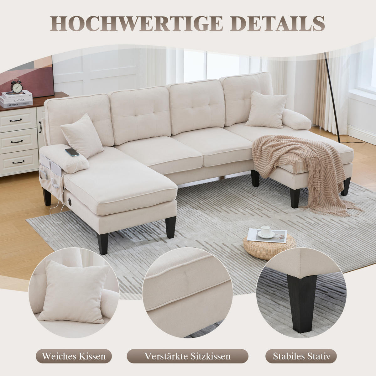 WOHNLANDSCHAFT aus Leinenstoff 250x130x88 cm in Beige mit USB - Beige, Textil (130/88/250cm) - Modfu