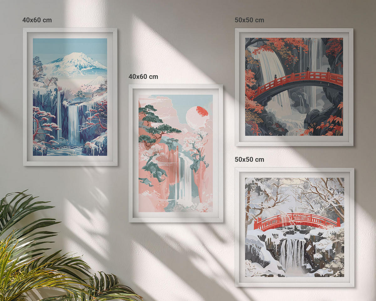 WANDBILDER 4er-Set - 50x50 cm & 40x60 cm Weißer Rahmen - Wasserfälle, Berge, Brücken, Bäume - Weiß, Kunststoff (50/50cm) - ArtPrintCave