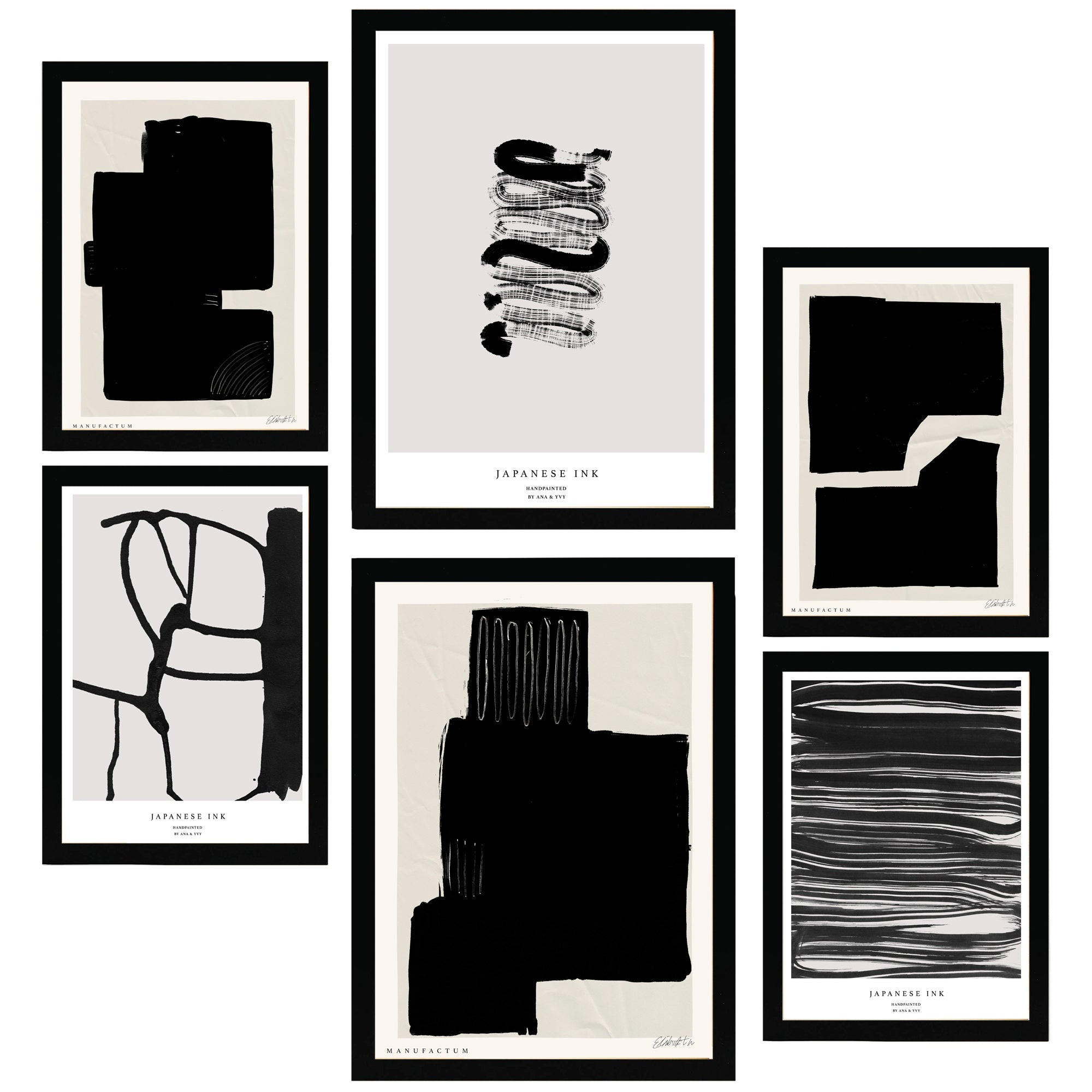 POSTER Set Mit 6 Japanische Tuschekunst Schwarzweiß A3 & A4 Schwarzer Rahmen - Schwarz, Papier (29/3cm) - Nacnic