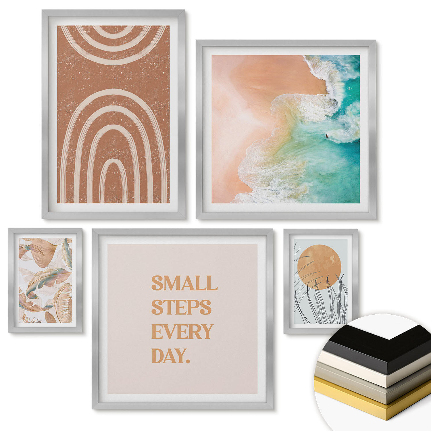 WANDBILDER 5er Set - 50x50 cm & 20x30 cm & 40x60 cm Silberner Rahmen - Familie liebt Zuhause Aquarell - Silberfarben, Kunststoff (40/60cm) - ArtPrintCave