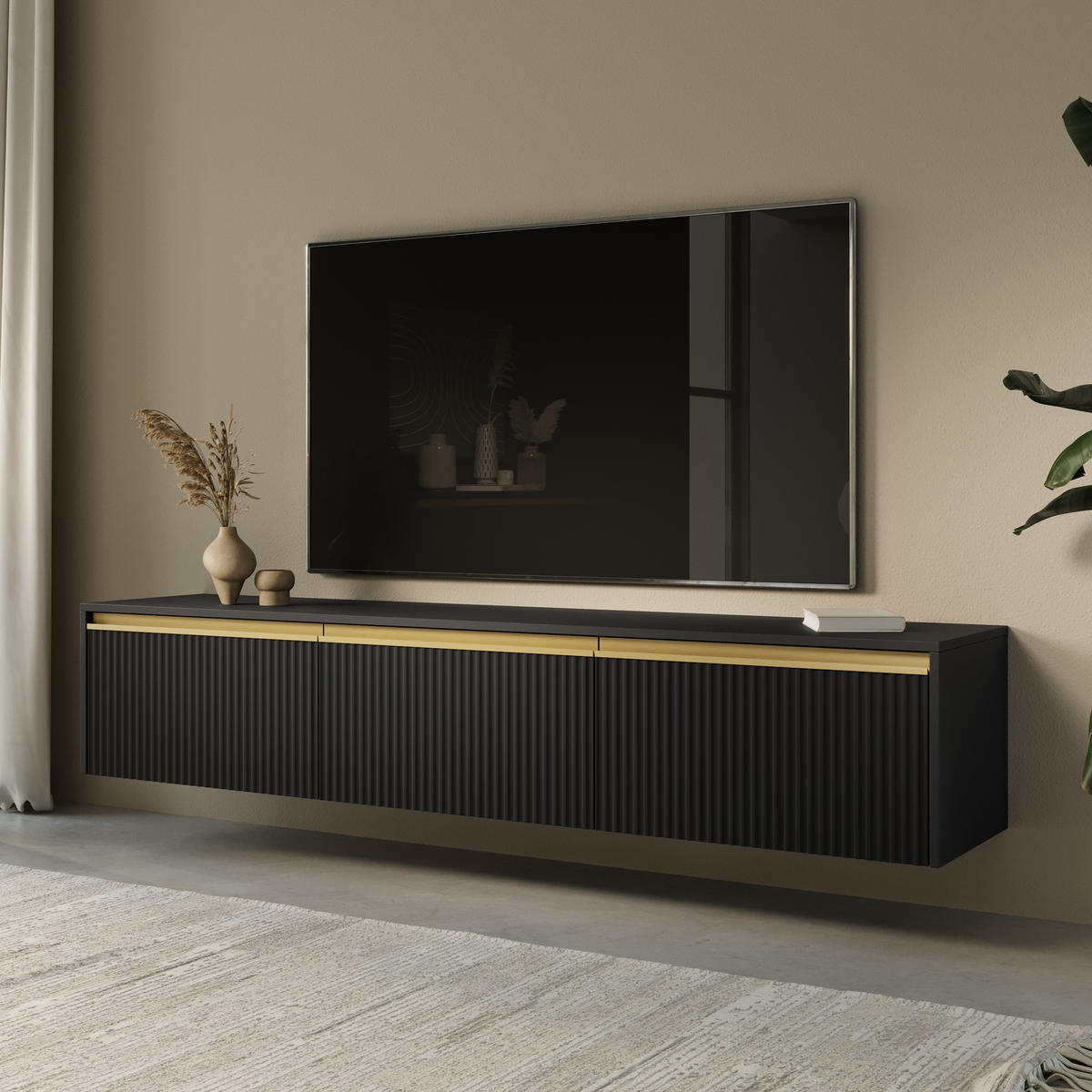 LOWBOARD Loren 180 cm in Schwarz, dreitürig, mit geriffelten Fronten - Schwarz, Holzwerkstoff/Kunststoff (182/42/39cm) - Ravio