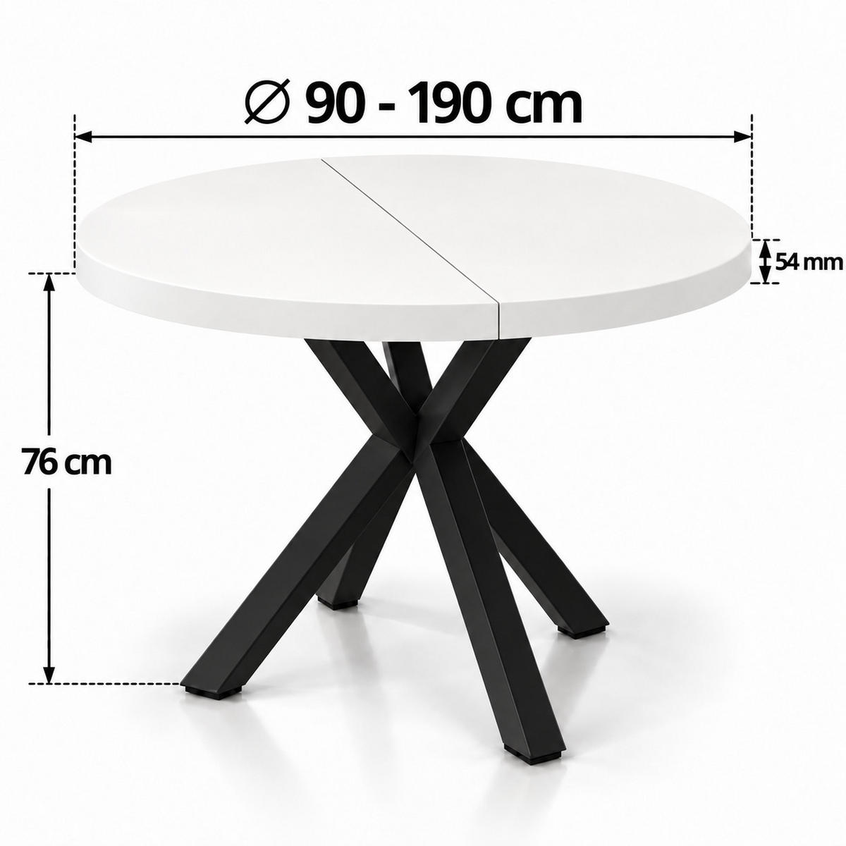 ESSTISCH rund ausziehbar 90/190/76 cm, Weiß, 54 cm Tischplatte + X Metallbeine Schwarz - Schwarz/Weiß, Holzwerkstoff/Metall (90/190/76cm) - Damale Möbel