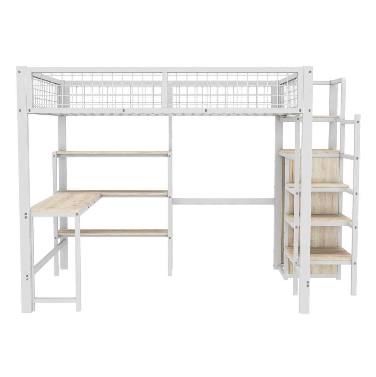 HOCHBETT 140/200 cm mit Schreibtisch, Regalen und Kleiderschrank aus Metall und MDF, Weiß - Weiß, Metall (140/200cm) - Redom